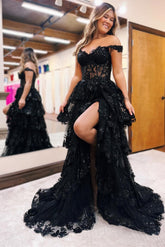 Periwinkle Tulle Appliques Off-the-Shoulder Ruffle Long Prom Dress